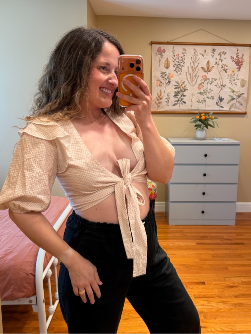 Anthropologie Charlie Holiday Gingham Tie-Front Puff Sleeve Crop Top in Beige S - Picture 2 of 11